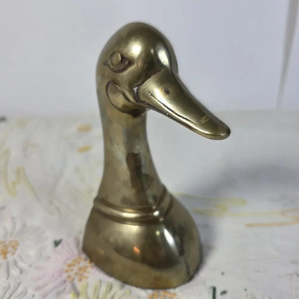 Vintage Brass Duck Head Bookend Goose Bird Single Patina Farmhouse Woodland MCM
